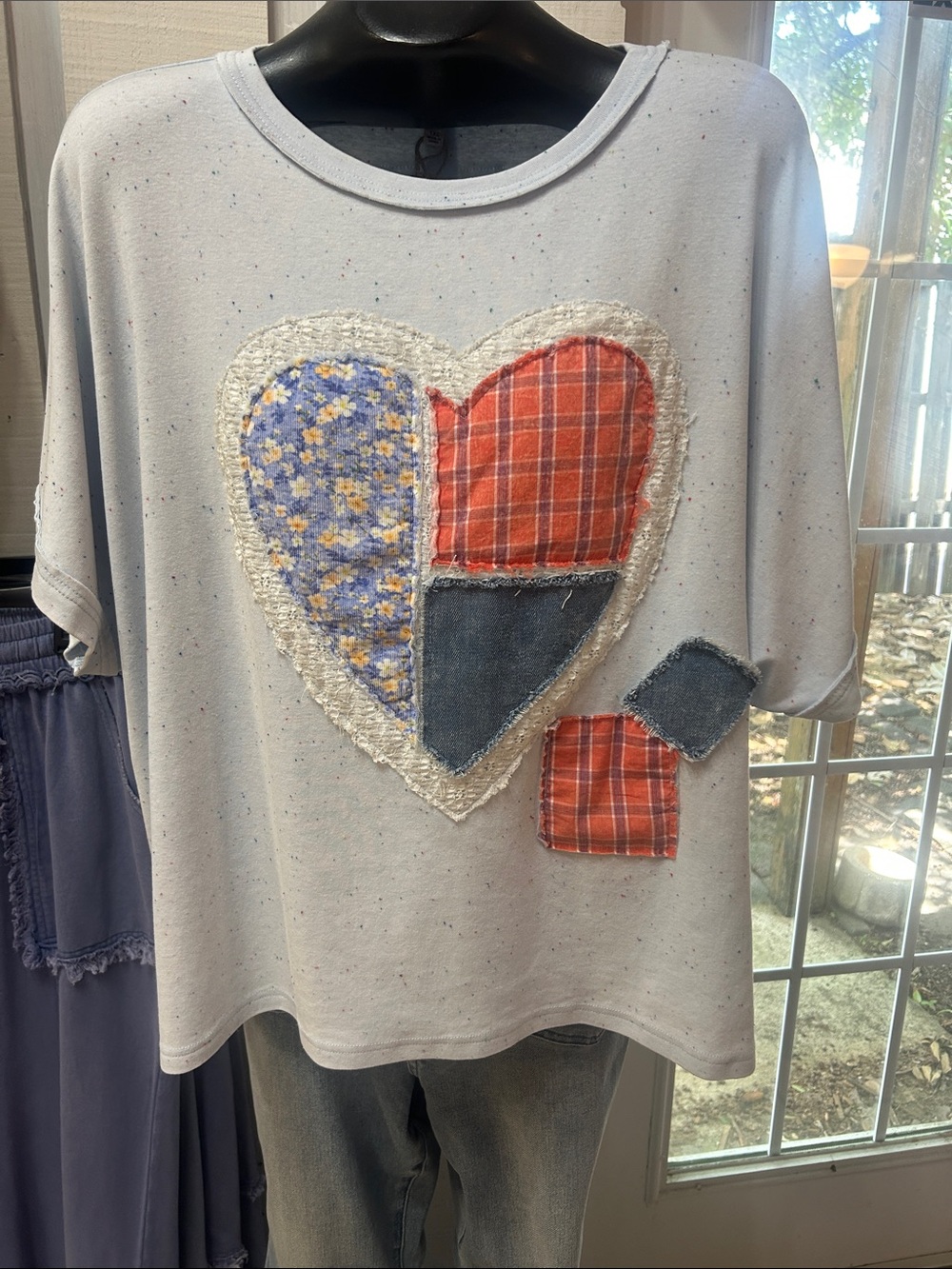 Women's Short Sleeve Patchwork Heart Tee - Light Blue